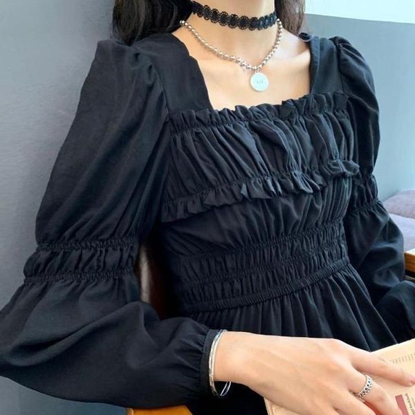 

qweek black goth dress japanese lolita style puff sleeve lace dress ruched party kawaii high waist ruffles 2021 patchwork, Black;gray