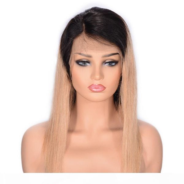 

1b 27 ombre brazilian human hair lace front wigs for women straight lace bob wig with baby hair, Black;brown