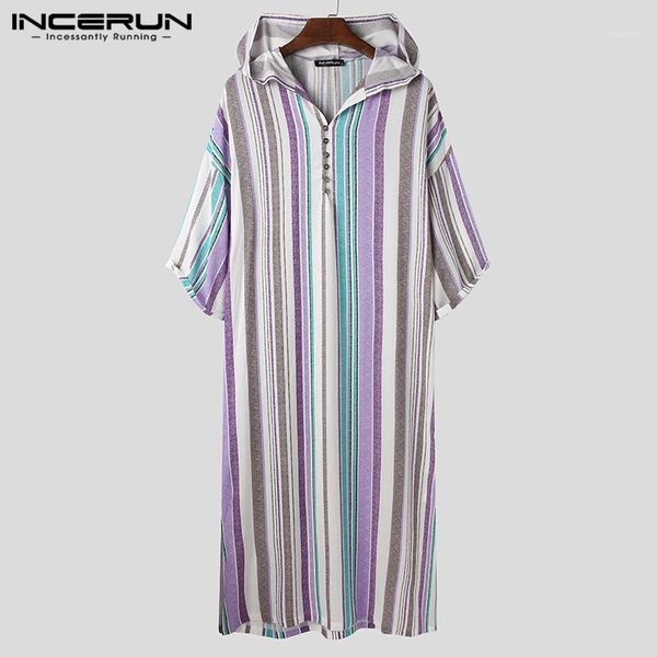 

incerun men muslim jubba thobe striped hooded casual 3/4 sleeve robes button islamic arabic kaftan middle east dubai men caftan1, Red