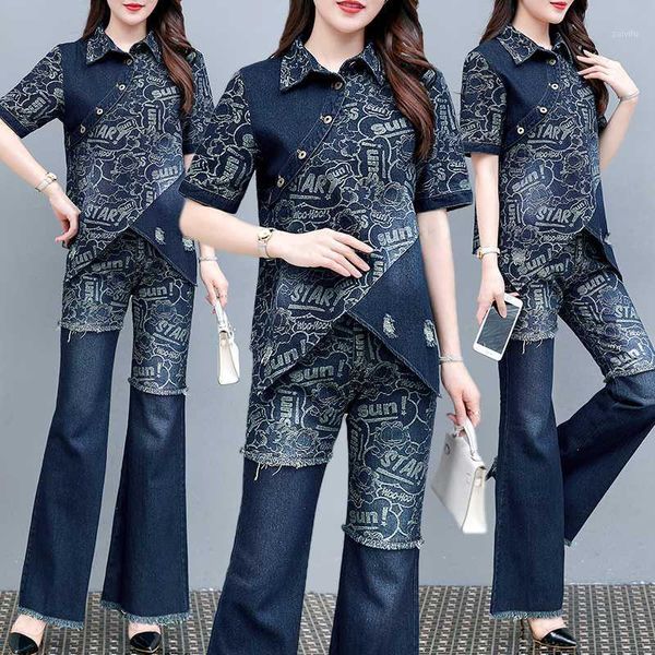 

summer women's large size vintage printed irregular denim +flared jeans female plus size fashion two-piece sets1, White