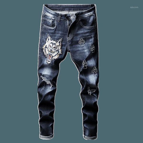 

fashion 2020 wolf head embroidery denim teenagers jeans men's slim stretch hole scratches paws beggar pants feet trousers1, Blue
