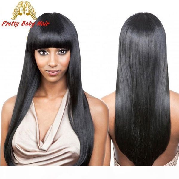 

6a brazilian full lace wigs with full bangs lace front human hair wigs long straight glueless full lace wigs for black woman, Black;brown