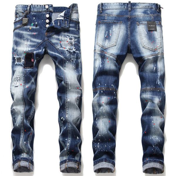 

fashion slim fit washed motocycle designer regular washed zipper modern mens slim jeans holes men new destroyed skinny jeans, Blue