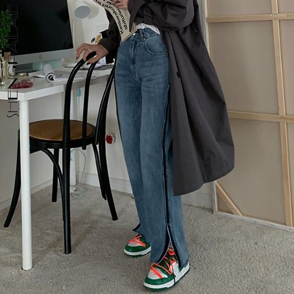 

shengpalae washable patchwork jeans women's spring 2021 new high waisted split straight tube loose denim pants female trend 5b231, Blue