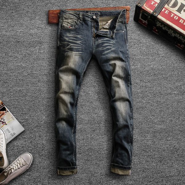 

2021 new italian style fashion men jeans retro dark blue elastic slim fit ripped denim pants homme vintage designer trousers 6d