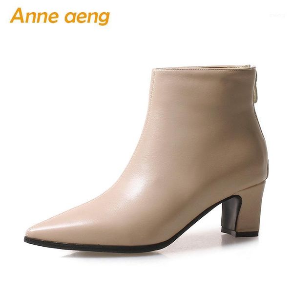 

boots 2021 winter women ankle middle heel pointed toe zipper ladies shoes beige footware short big size1, Black