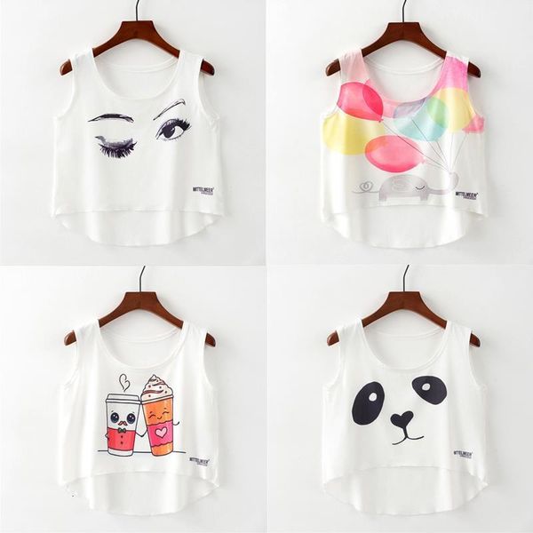 

new fashion women crop sleeveless panda graphic print summer casual women short cropped vest tank, White