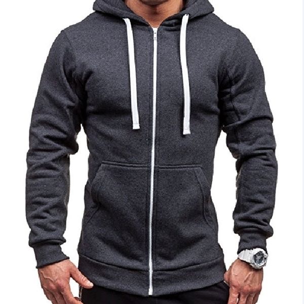 

mens casual solid color zip drawstring hoodie male slim simple hooded sweatshirts spring autumn elastic cuffs cardigan 201020, Black