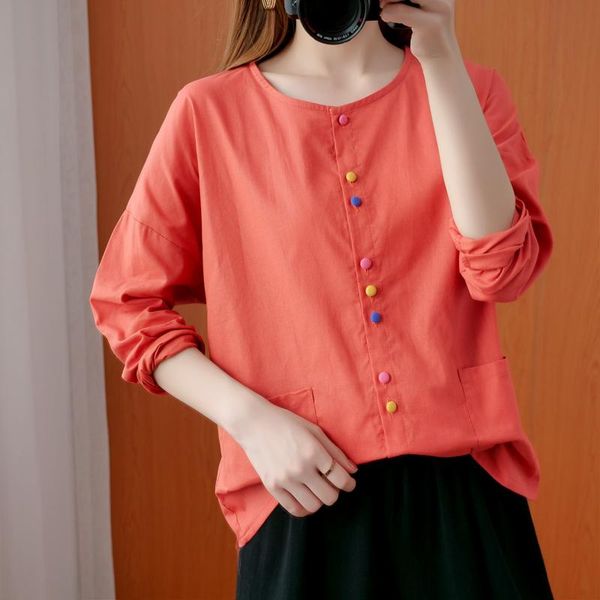 

women's blouses & shirts 2021 spring/autumn arts style women long sleeve o-neck blouse pockets design single-breasted cotton linen shir, White