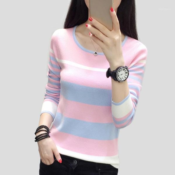 

2020 fashion new women sweaters and pullovers autumn round neck color stripe knitted sweater leisure pull femme1, White;black