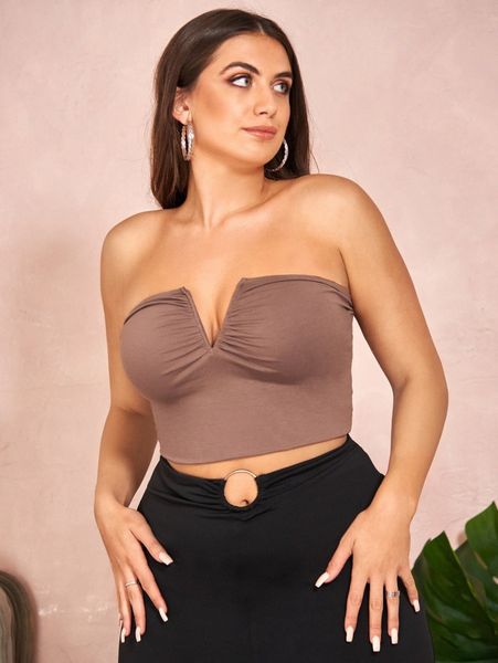 

plus ruched bust crop tube a53y#, Black