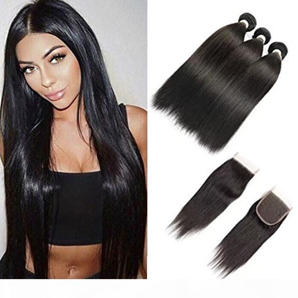 

8a brazilian straight human hair bundles with closure brazilian virgin hair with 4x4 lace closure peruvian malaysian indian hair bundles, Black;brown