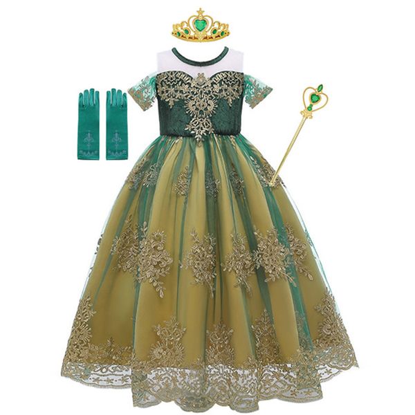 

3styles anna green dress for girl summer lace tulle snow queen princess fancy costumes 2-10t kids birthday party fluffly gown by epacket, Red;yellow