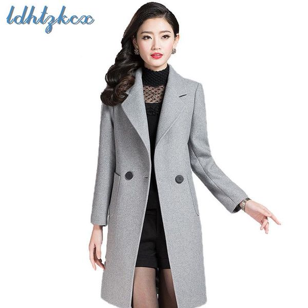 

solid color long-sleeved woolen coat women 2020 autumn-winter new korean office lady slim long pockets wool polyester coat ld378, Black