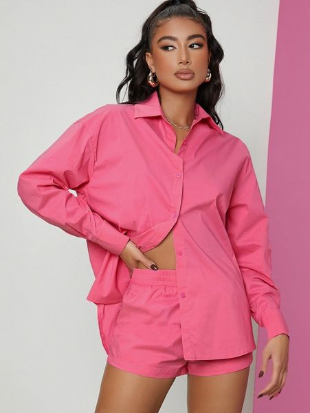 

drop shoulder button front blouse & shorts a1iw#, White