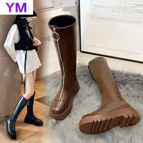 

retro women boots pu leather solid motorcycle boot 6cm square heel platform party black zipper knee high boots bota femininar