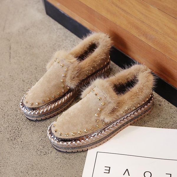 

new women flat shoes with real fur rivet decor winter warm round-toe casual shoes ladies flats footwear loafers woman, Black