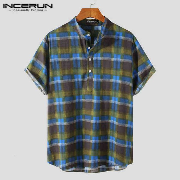 

incerun summer short mouths gentlemen casual stand hard plaid camisa male finger button cat blouse hombre plus size, White;black