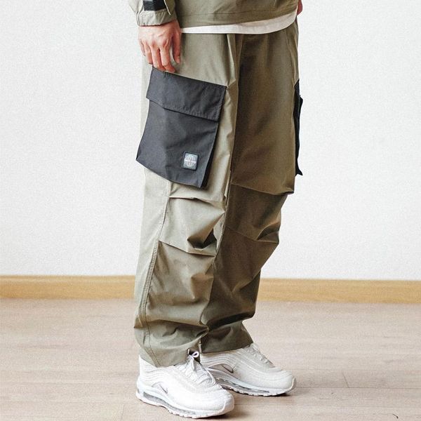 

men's pants colorblock multi-pocket cargo mens safari style fashion patchwork work men loose casual trousers, Black