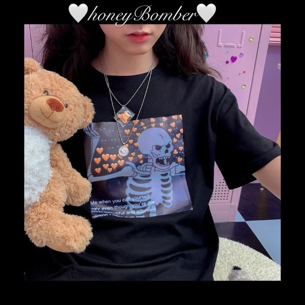 

punk skull heart graphic cute harajuku grunge t-shirt vintage personality japan casual kawaii letter loose women streetwear, White