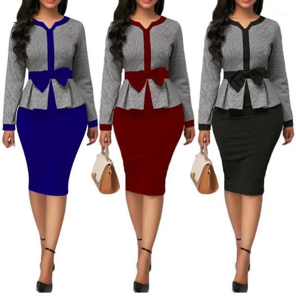 

elegant office lady autumn color block patchwork bow-knot waist bodycon dress color block bowknot female fashion elegant dress1, Black;gray