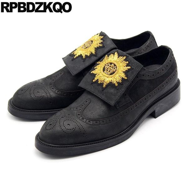 

european fashion wingtip spring plus size metal brogue genuine leather men shoes italian creepers brand rhinestone gold wire, Black