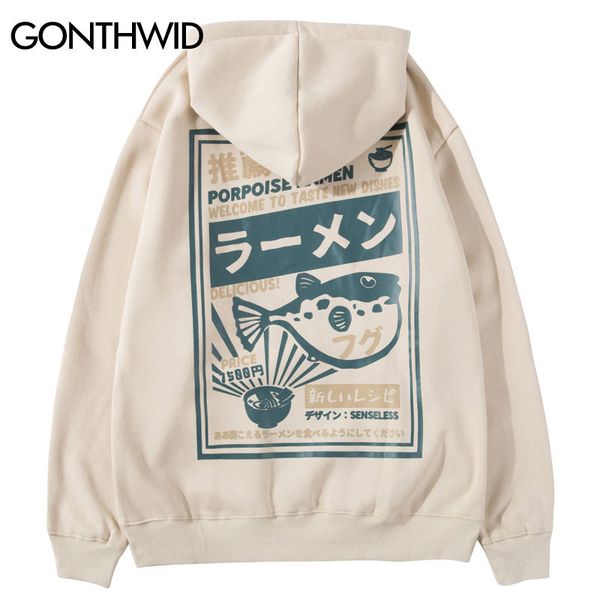 

gonthwid puffer fish ramen print fleece hoodies hip hop casual pullover hooded sweatshirt men harajuku casual fashion streetwear c1011, Black