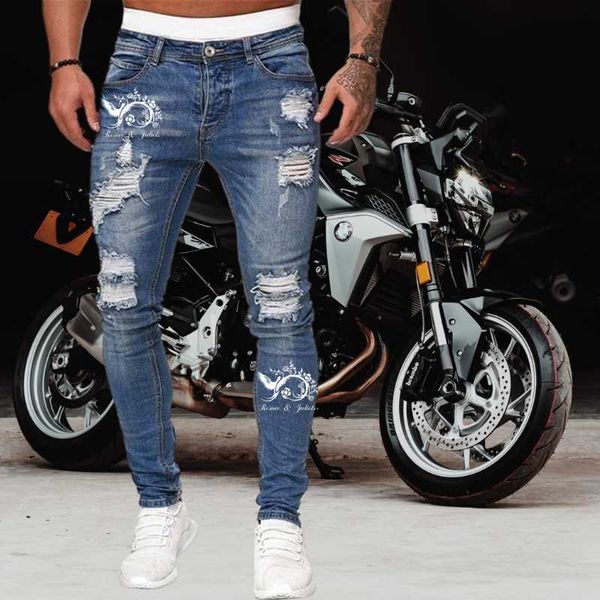 

men's jeans hole skinny men 2021 phoenix logo printing destroyed ripped homme hip hop broken male pencil biker patch pants, Blue