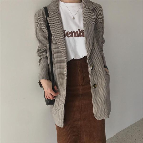 

women's suits & blazers u-swear vintage full sleeve single breasted plaid women blazer casual female jacket suit spring loose workwear, White;black