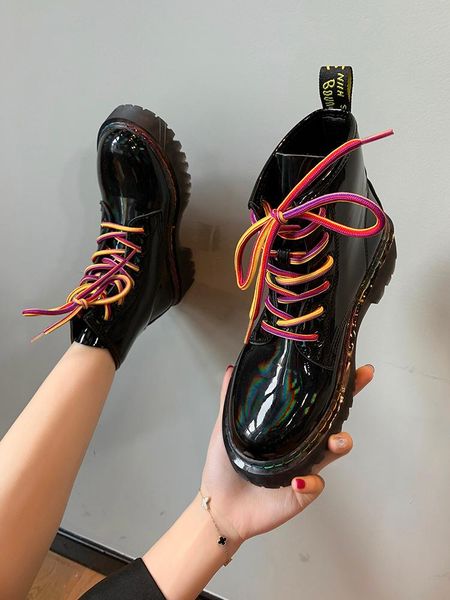 

boots flat platform rock shoes woman boots-women luxury designer lace up round toe ankle booties women clogs 2020 fashion low, Black