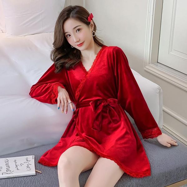 

yidanna robe button nightdress for ladies sleepshirts women lace golden velvet silk sleepwear flower nightwear nightgown au, Black;red