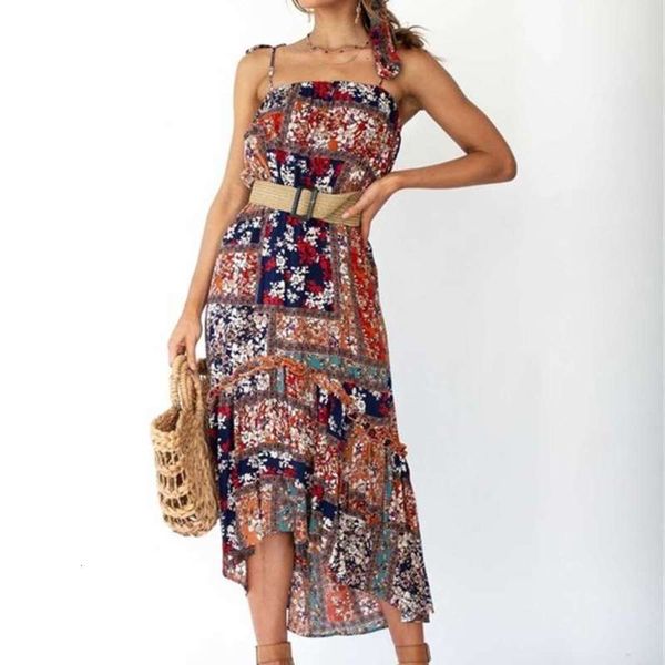 

print 2019 summer long resort irregular suspender skirt, Black;gray