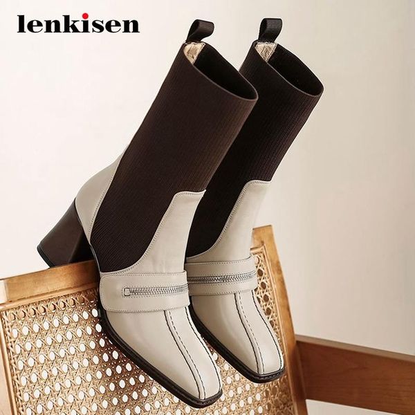 

boots lenkisen sock natural leather knitting british all-match square toe thick high heel slip on young lady mid-calf l38, Black