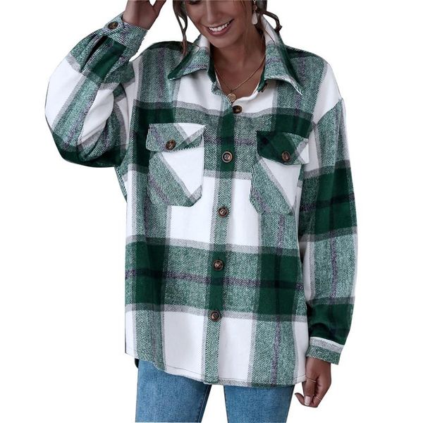 

vintage stylish women coat pockets oversized green plaid jacket coat women fashion lapel collar long sleeve loose outerwear, Black;brown