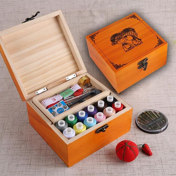 

multifunction wood box sewing kit needle tape scissor threads sewing box for home & travelling1, Black