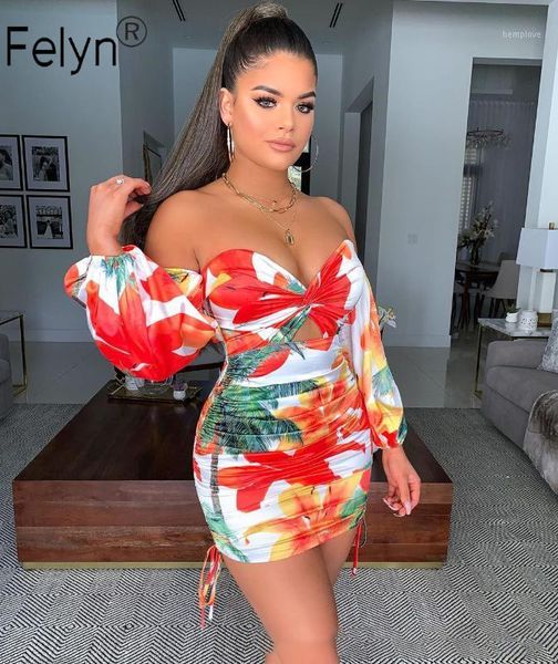 

felyn 2020 dress print off shoulder long sleeve summer beach bodycon mini dress vestidos1, Black;gray
