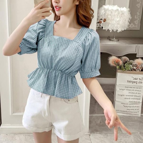 

women's blouses & shirts summer fashion women square neck plaid print patchwork elastic blouse office lady short sleeve casual 2021, White