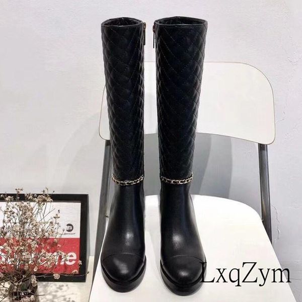 

boots lxqzym autumn winter classics women's real leather round toe side zip knight shoes luxury golden chain design, Black