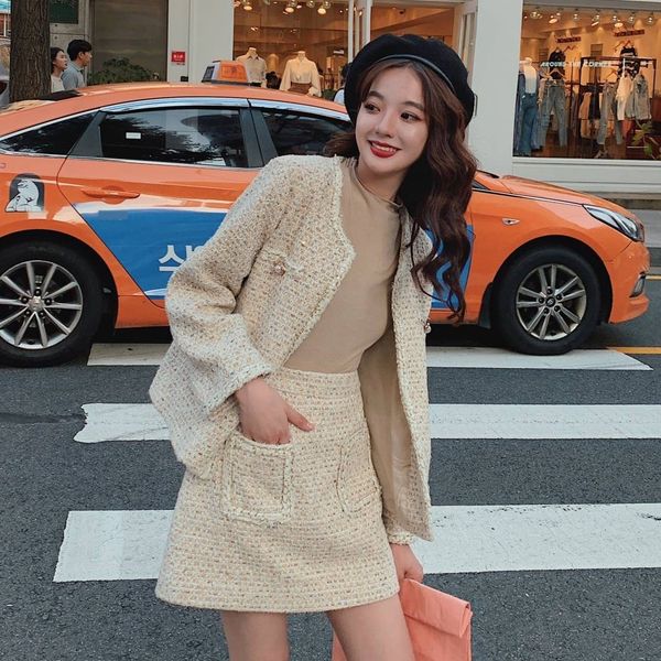 

ins lady elegant graceful lace plaid woven coataline dress short coat short coat high waist aline skirt two-piece suit uvzcv, Gray