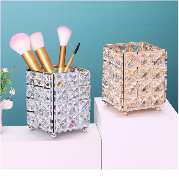 

luxury metal crystal makeup brush holder gold silver diamond cosmetic brushes storage tube cosmetic pen box o jllimm