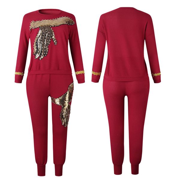 

2021 new africa of the women spring long phoenix sequins sweatpants 2pcs suit women's ensemble evlb, Red