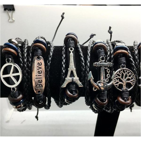 

men women vintage infinity leather charm bracelet silver wooden beads handmade weave cuff wristbands 10 mixed style wmtqgk beauty888, Golden;silver