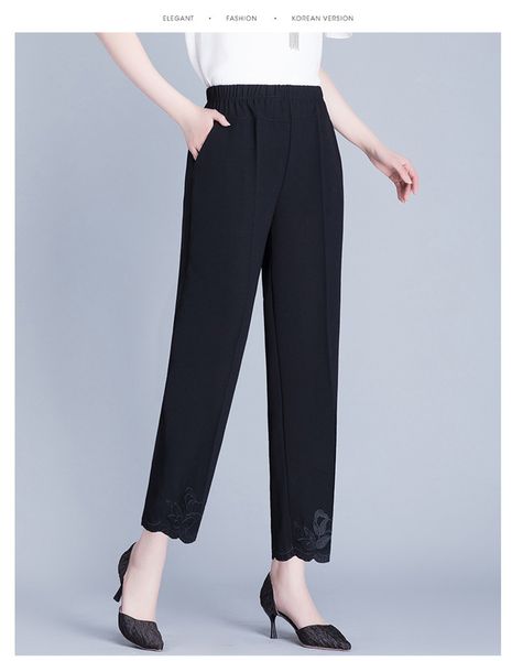 

2021 new summer middle-aged elderly women new embroidery thin chiffon nine-point elastic high waist straight pants 6xl 4g16, Black;white
