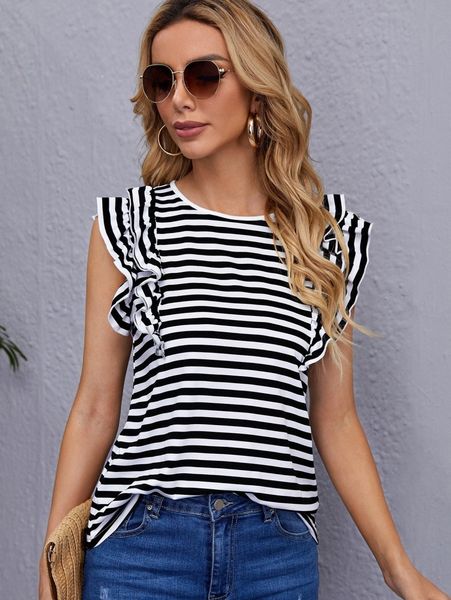 

striped print ruffle trim tee i47g#, White
