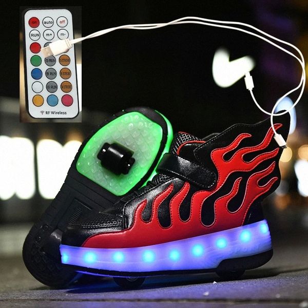 

pink 2021 new usb charging children sneakers remote control girls boys led shoes kids sneakers with wheels roller skate shoes #o29c