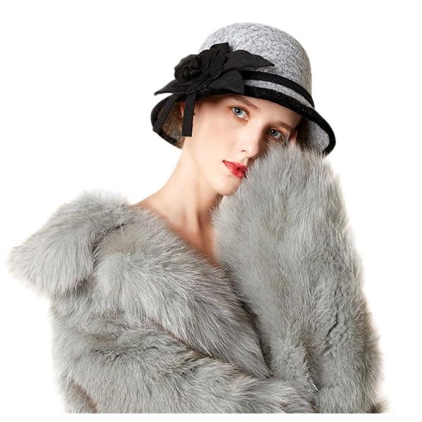 

wide brim hats fashion women bucket hat vintage painter cap party formal headwear lady winter flower elegant warm top, Blue;gray