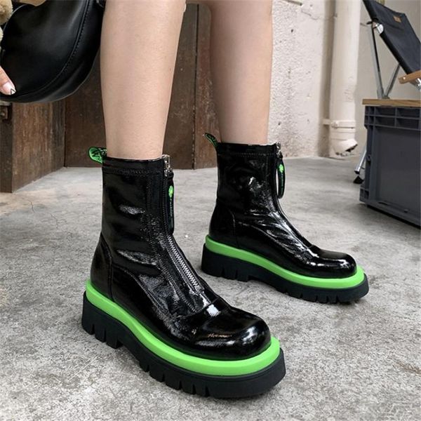 

pxelena luxury 2020 autumn chunky platform front zipper combat boots women patent leather contrast color ankle boots lady shoes, Black