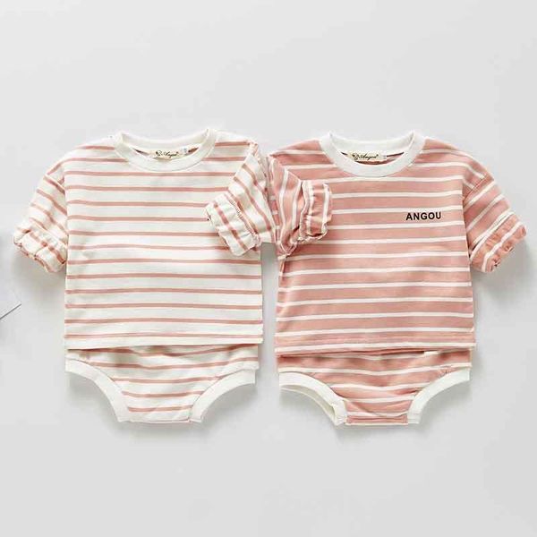 

korean version of the baby suit long-sleeved striped and short two-piece suit baby girl clothes, White