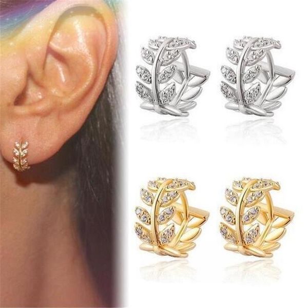 

doreenbeads fashion hoop earrings for women accessories gold color leaf clear rhinestone pattern gift charms 14mm x 8mm, 1 pair, Golden;silver