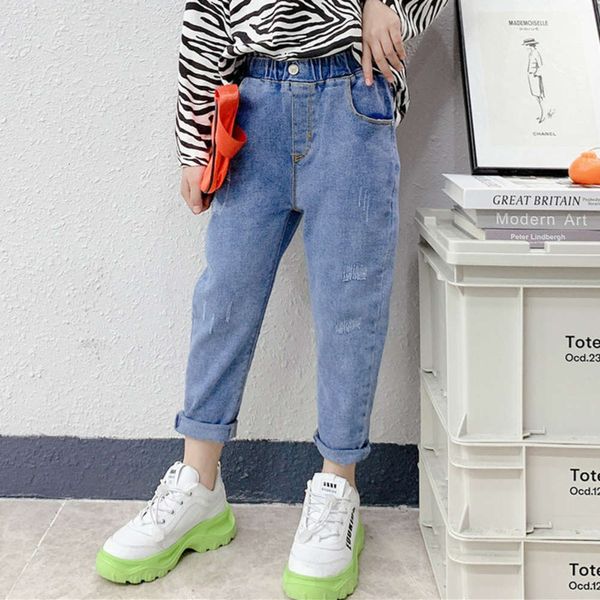 

2021 spring new with foreign style flower bud high waist girls' washed jeans medium and large children's trousers, Blue